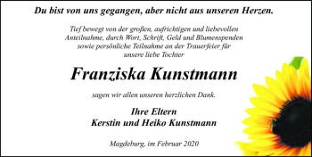Traueranzeige von Franziska Kunstmann  von Magdeburger Volksstimme