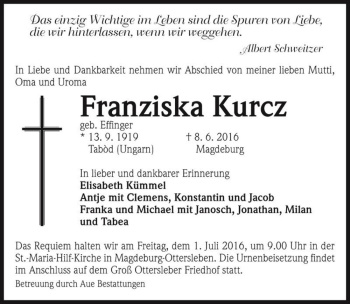 Traueranzeige von Franziska Kurcz (geb. Effinger)  von Magdeburger Volksstimme