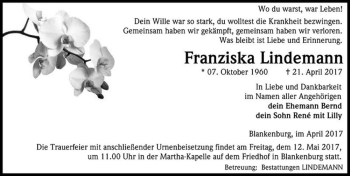 Traueranzeige von Franziska Lindemann  von Magdeburger Volksstimme