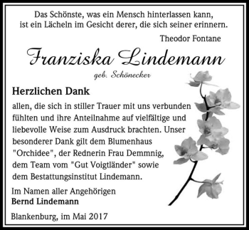 Traueranzeige von Franziska Lindemann (geb. Schönecker)  von Magdeburger Volksstimme