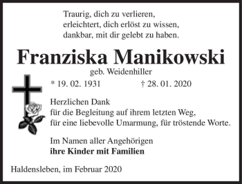 Traueranzeige von Franziska Manikowski (geb. Weidenhiller)  von Magdeburger Volksstimme