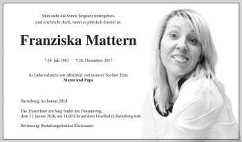 Traueranzeige von Franziska Mattern  von Magdeburger Volksstimme
