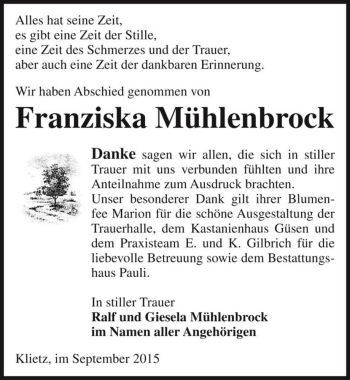 Traueranzeige von Franziska Mühlenbrock  von Magdeburger Volksstimme