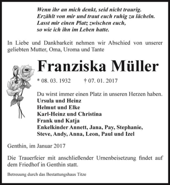 Traueranzeige von Franziska Müller  von Magdeburger Volksstimme