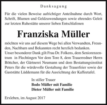 Traueranzeige von Franziska Müller  von Magdeburger Volksstimme