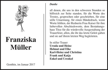 Traueranzeige von Franziska Müller  von Magdeburger Volksstimme
