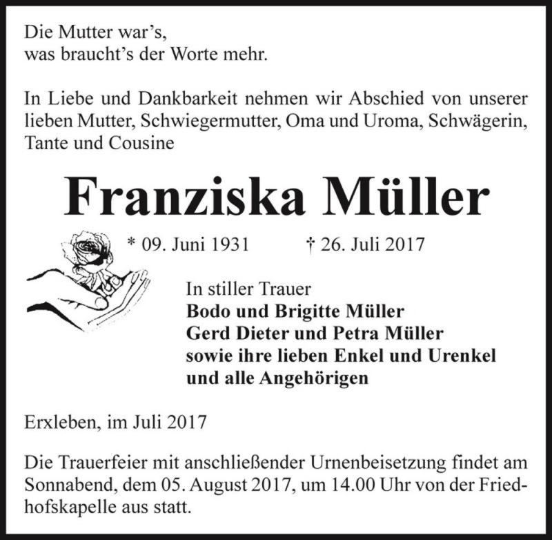  Traueranzeige für Franziska Müller  vom 02.08.2017 aus Magdeburger Volksstimme
