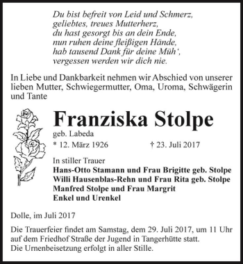 Traueranzeige von Franziska Stolpe (geb. Labeda)  von Magdeburger Volksstimme