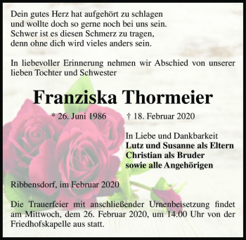 Traueranzeige von Franziska Thormeier  von Magdeburger Volksstimme