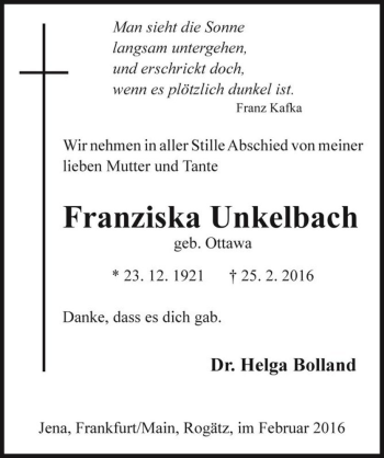 Traueranzeige von Franziska Unkelbach (geb. Ottawa)  von Magdeburger Volksstimme