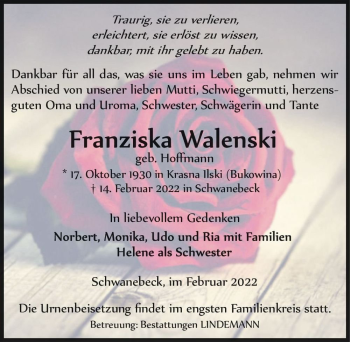 Traueranzeige von Franziska Walenski (geb. Hoffmann)  von Magdeburger Volksstimme