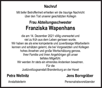 Traueranzeige von Franziska Wapenhans  von Magdeburger Volksstimme