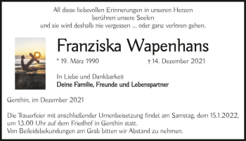 Traueranzeige von Franziska Wapenhans  von Magdeburger Volksstimme