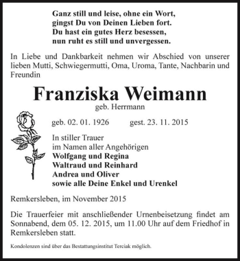 Traueranzeige von Franziska Weimann (geb. Herrmann)  von Magdeburger Volksstimme