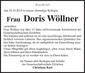 Traueranzeige von Frau Doris Wöllner  von Magdeburger Volksstimme