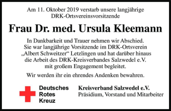 Traueranzeige von Frau Dr. med. Ursula Kleemann  von Magdeburger Volksstimme
