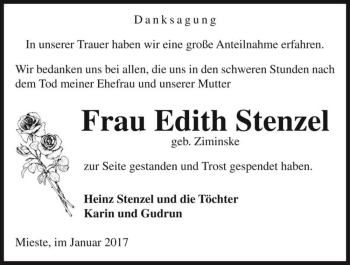Traueranzeige von Frau Edith Stenzel (geb. Ziminske)  von Magdeburger Volksstimme