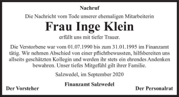 Traueranzeige von Frau Inge Klein  von Magdeburger Volksstimme