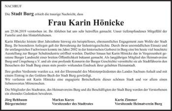 Traueranzeige von Frau Karin Hönicke  von Magdeburger Volksstimme