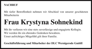 Traueranzeige von Frau Krystyna Sohnekind  von Magdeburger Volksstimme
