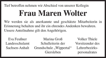 Traueranzeige von Frau Maren Wolter  von Magdeburger Volksstimme