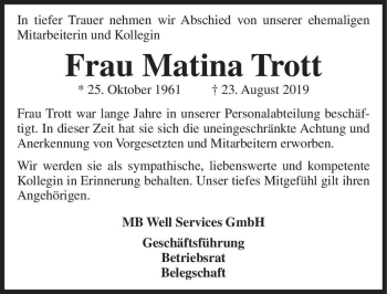 Traueranzeige von Frau Matina Trott  von Magdeburger Volksstimme