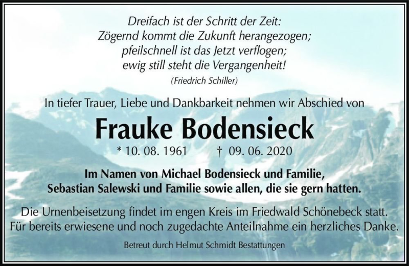  Traueranzeige für Frauke Bodensieck  vom 27.06.2020 aus Magdeburger Volksstimme