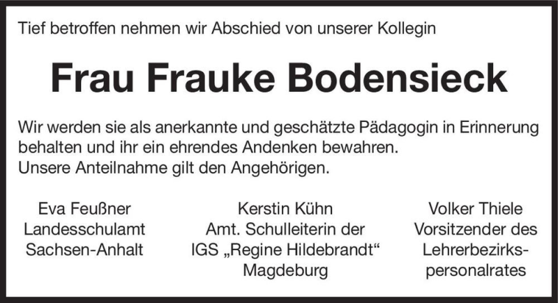  Traueranzeige für Frauke Bodensieck  vom 27.06.2020 aus Magdeburger Volksstimme
