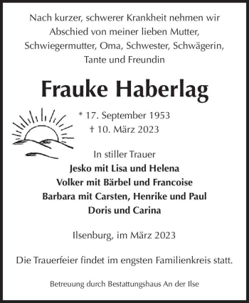 Traueranzeige von Frauke Haberlag  von Magdeburger Volksstimme