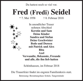 Traueranzeige von Fred (Fredi) Seidel  von Magdeburger Volksstimme