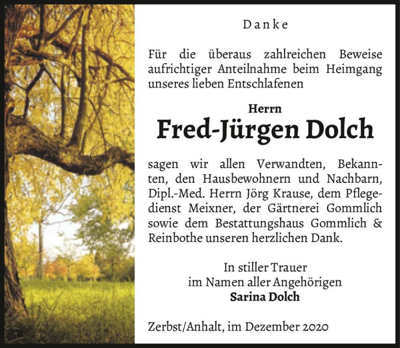  Traueranzeige für Fred-Jürgen Dolch  vom 12.12.2020 aus Magdeburger Volksstimme