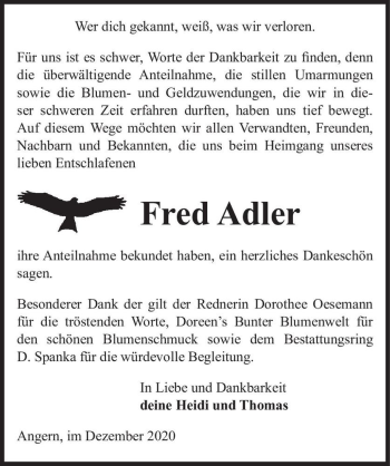 Traueranzeige von Fred Adler  von Magdeburger Volksstimme