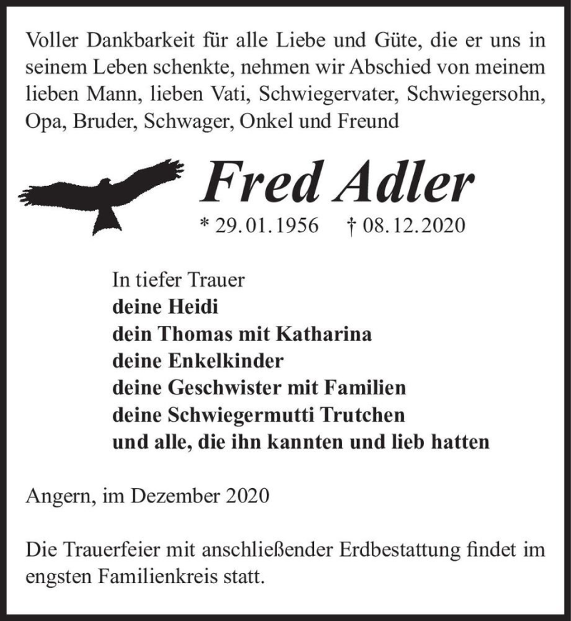  Traueranzeige für Fred Adler  vom 12.12.2020 aus Magdeburger Volksstimme