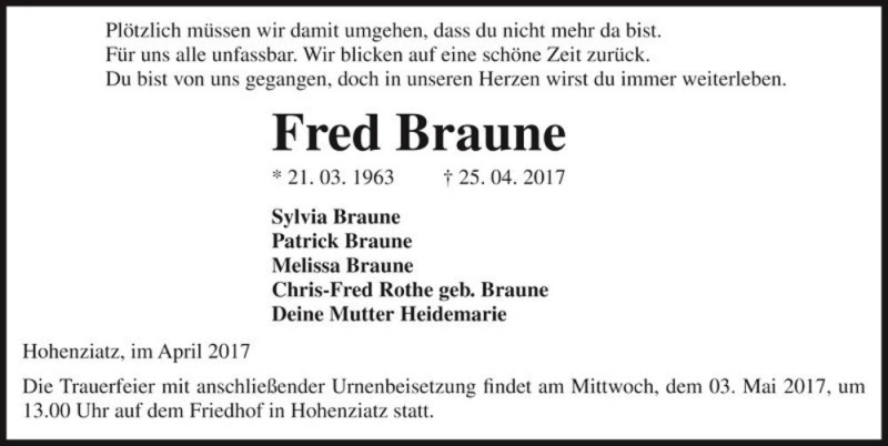  Traueranzeige für Fred Braune  vom 29.04.2017 aus Magdeburger Volksstimme