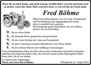Traueranzeige von Fred Böhme  von Magdeburger Volksstimme