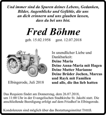 Traueranzeige von Fred Böhme  von Magdeburger Volksstimme