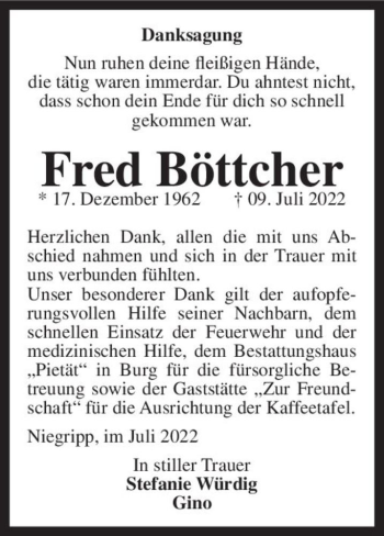 Traueranzeige von Fred Böttcher  von Magdeburger Volksstimme
