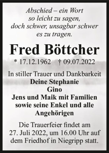Traueranzeige von Fred Böttcher  von Magdeburger Volksstimme