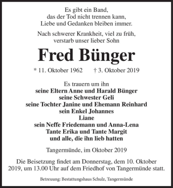 Traueranzeige von Fred Bünger  von Magdeburger Volksstimme