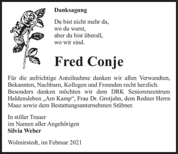 Traueranzeige von Fred Conje  von Magdeburger Volksstimme