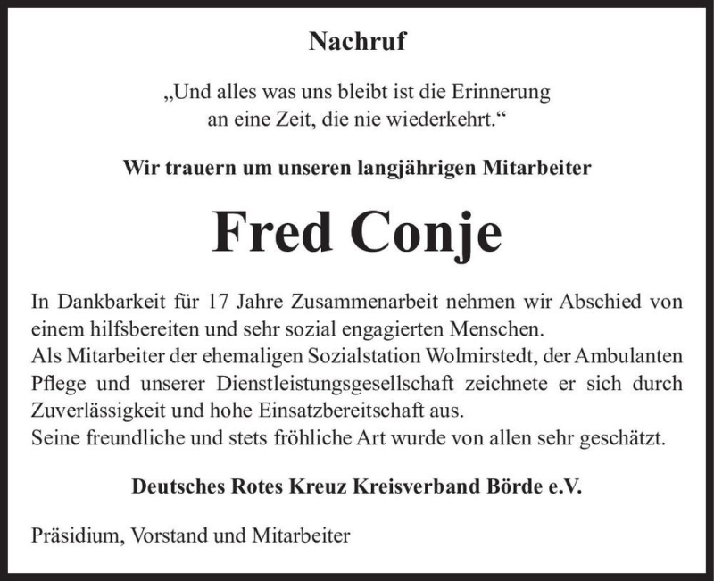  Traueranzeige für Fred Conje  vom 24.02.2021 aus Magdeburger Volksstimme