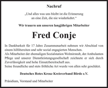 Traueranzeige von Fred Conje  von Magdeburger Volksstimme