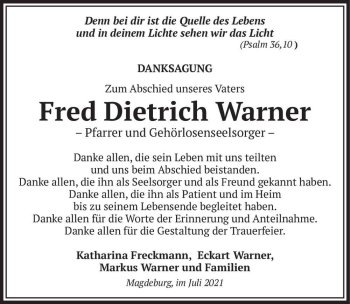 Traueranzeige von Fred Dietrich Warner  von Magdeburger Volksstimme