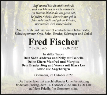 Traueranzeige von Fred Fischer  von Magdeburger Volksstimme