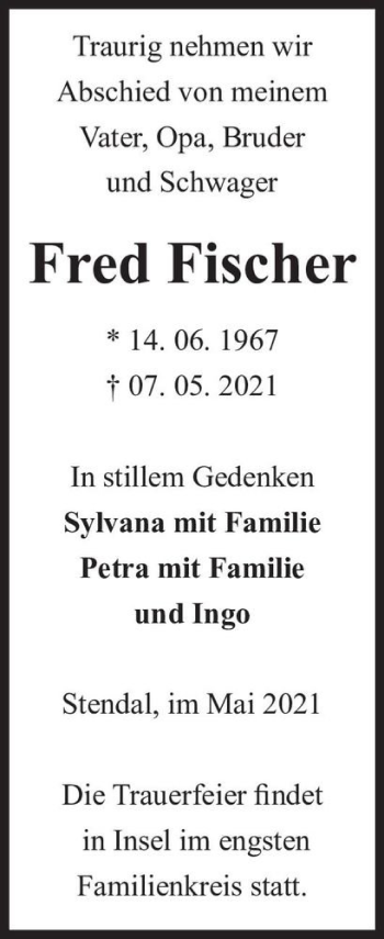 Traueranzeige von Fred Fischer  von Magdeburger Volksstimme