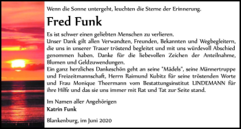 Traueranzeige von Fred Funk  von Magdeburger Volksstimme