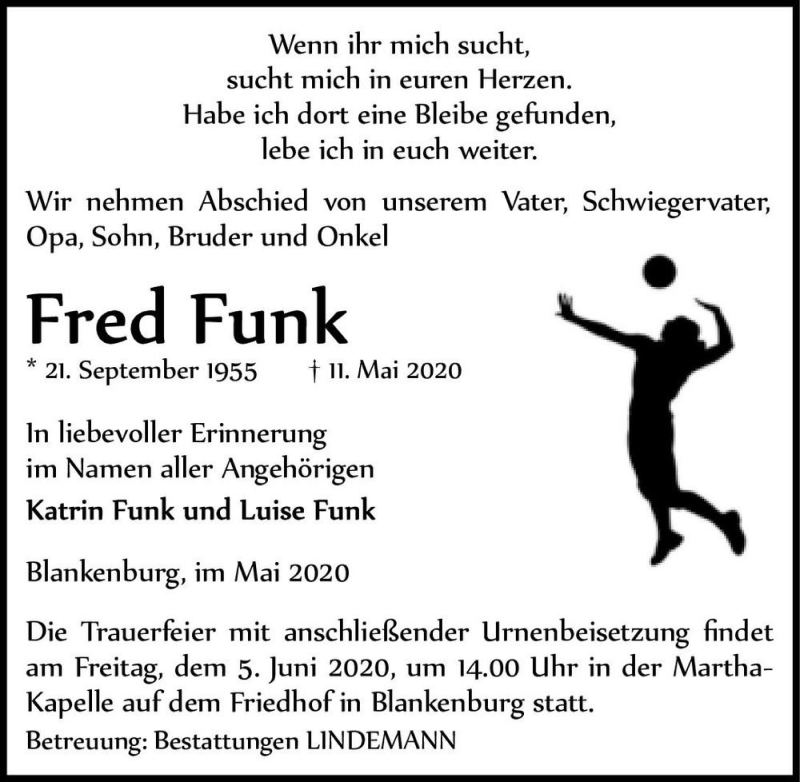  Traueranzeige für Fred Funk  vom 23.05.2020 aus Magdeburger Volksstimme