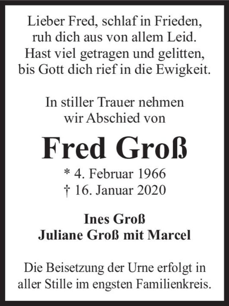  Traueranzeige für Fred Groß  vom 18.01.2020 aus Magdeburger Volksstimme