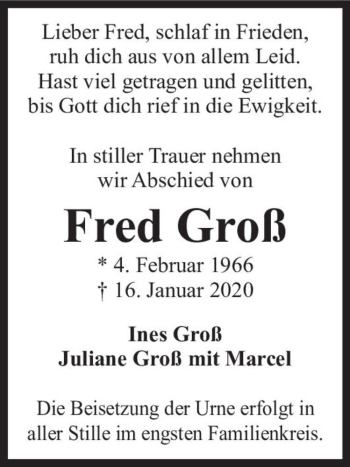 Traueranzeige von Fred Groß  von Magdeburger Volksstimme