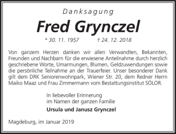 Traueranzeige von Fred Grynczel  von Magdeburger Volksstimme